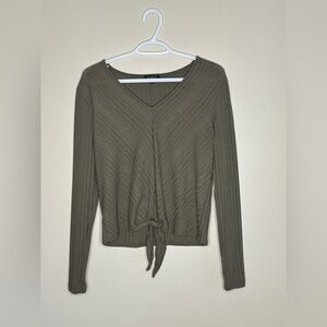 Dynamite size medium long sleeve top with ties in the front ribbed olive green